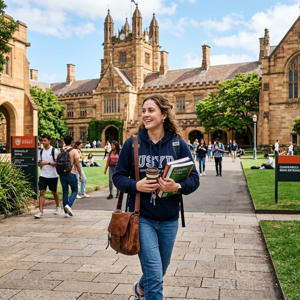 Student walking on University of Sydney campus holding coffee and books